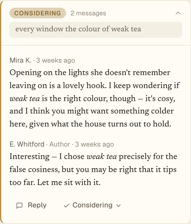 A reader's margin note and the author's reply on a line of the draft