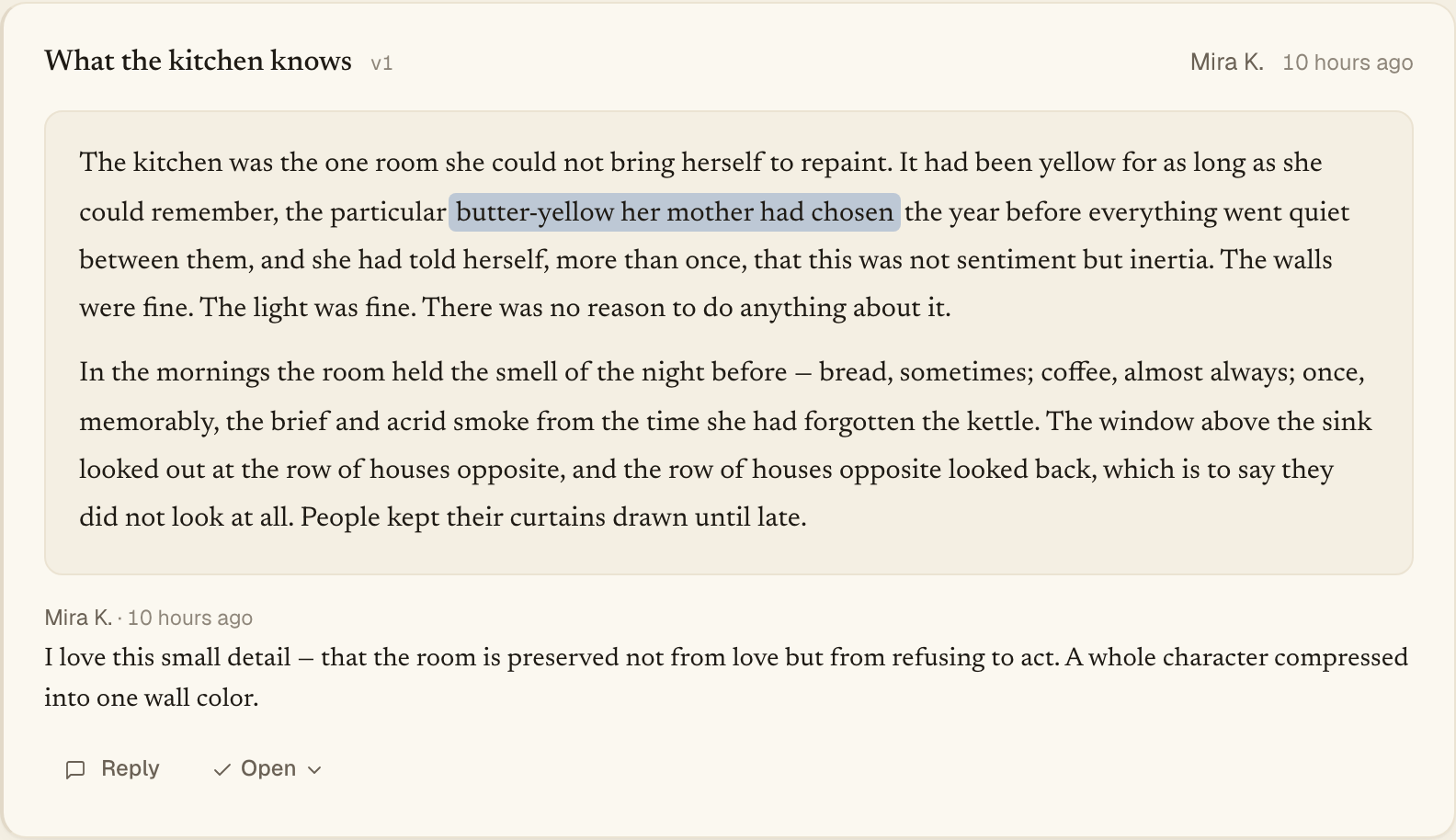 The author feedback console showing a reader's note on a chapter